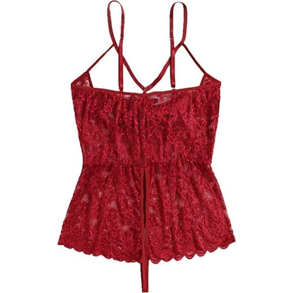 Front Bow Cover Red Teddy Lingerie One Piece Floral Lace Bodysuit Babydoll NWT - Picture 6 of 9